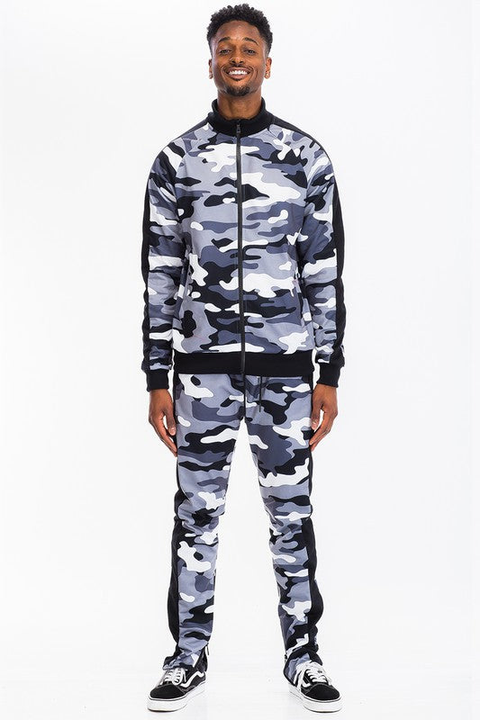 Men's Full Camo with Stripe Jacket and Pants 2-piece Track Set