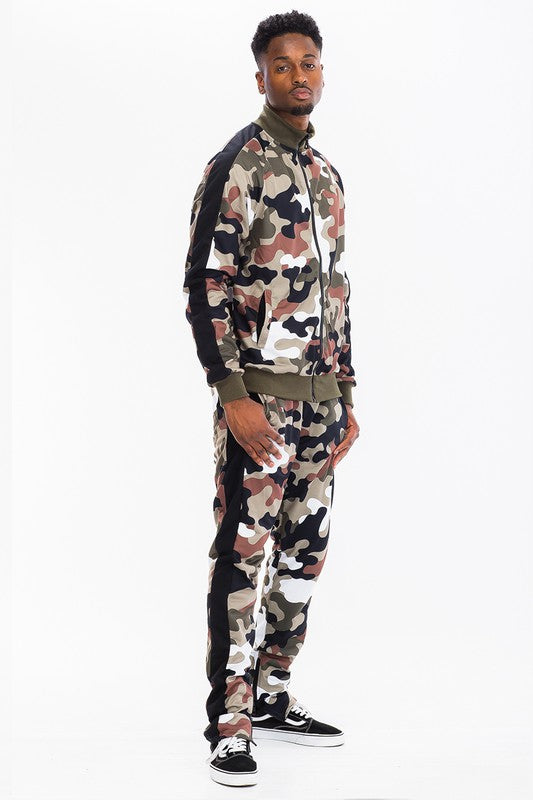 Men's Full Camo with Stripe Jacket and Pants 2-piece Track Set