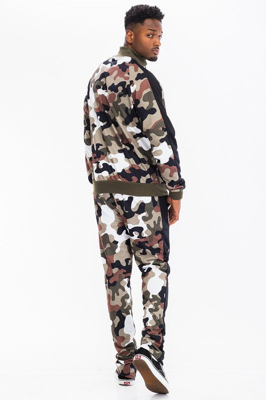 Men's Full Camo with Stripe Jacket and Pants 2-piece Track Set