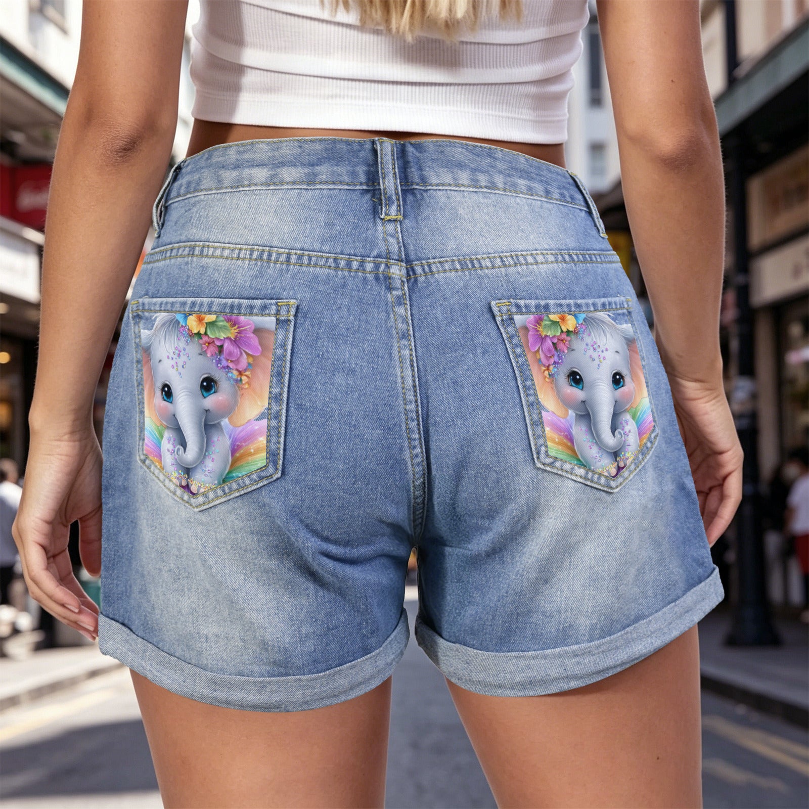Cute Elephant Light-Wash Blue Denim Shorts (Dual Pockets Print)