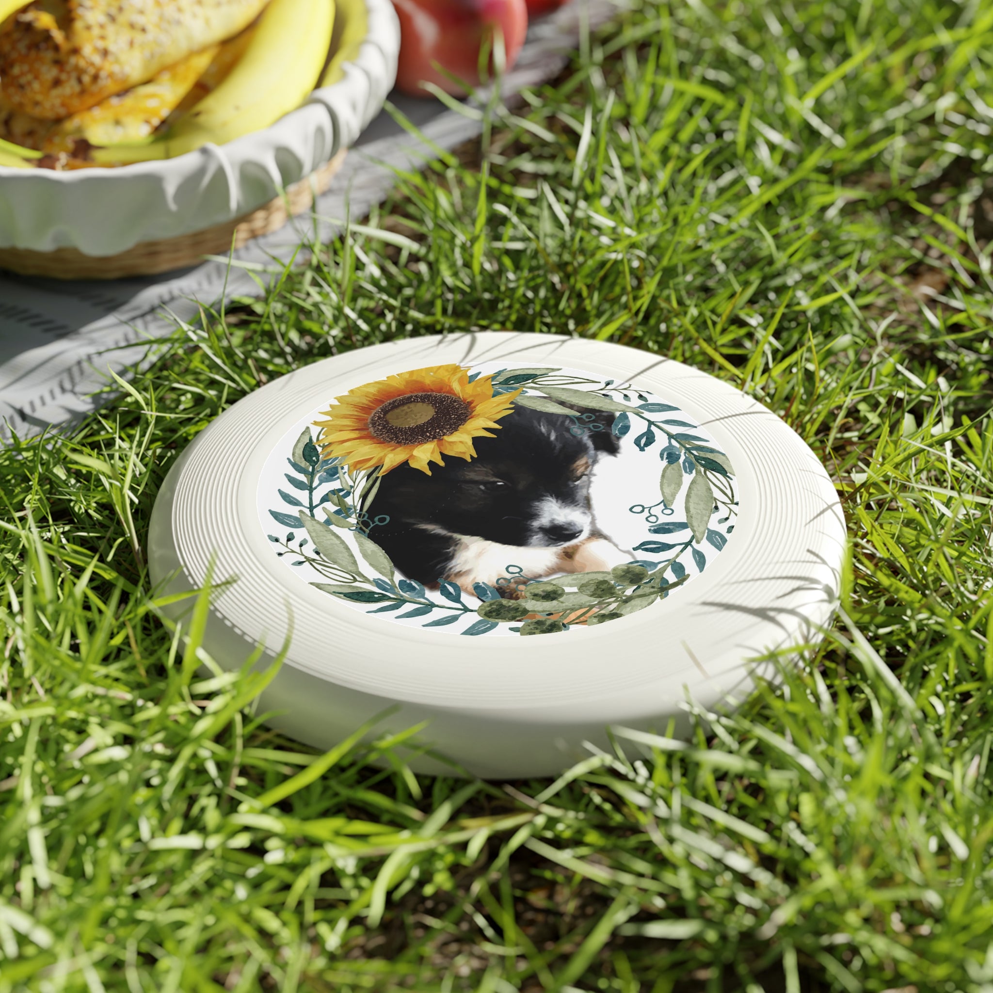 Cute Black Puppy with Sunflower Pattern Wham-O Frisbee