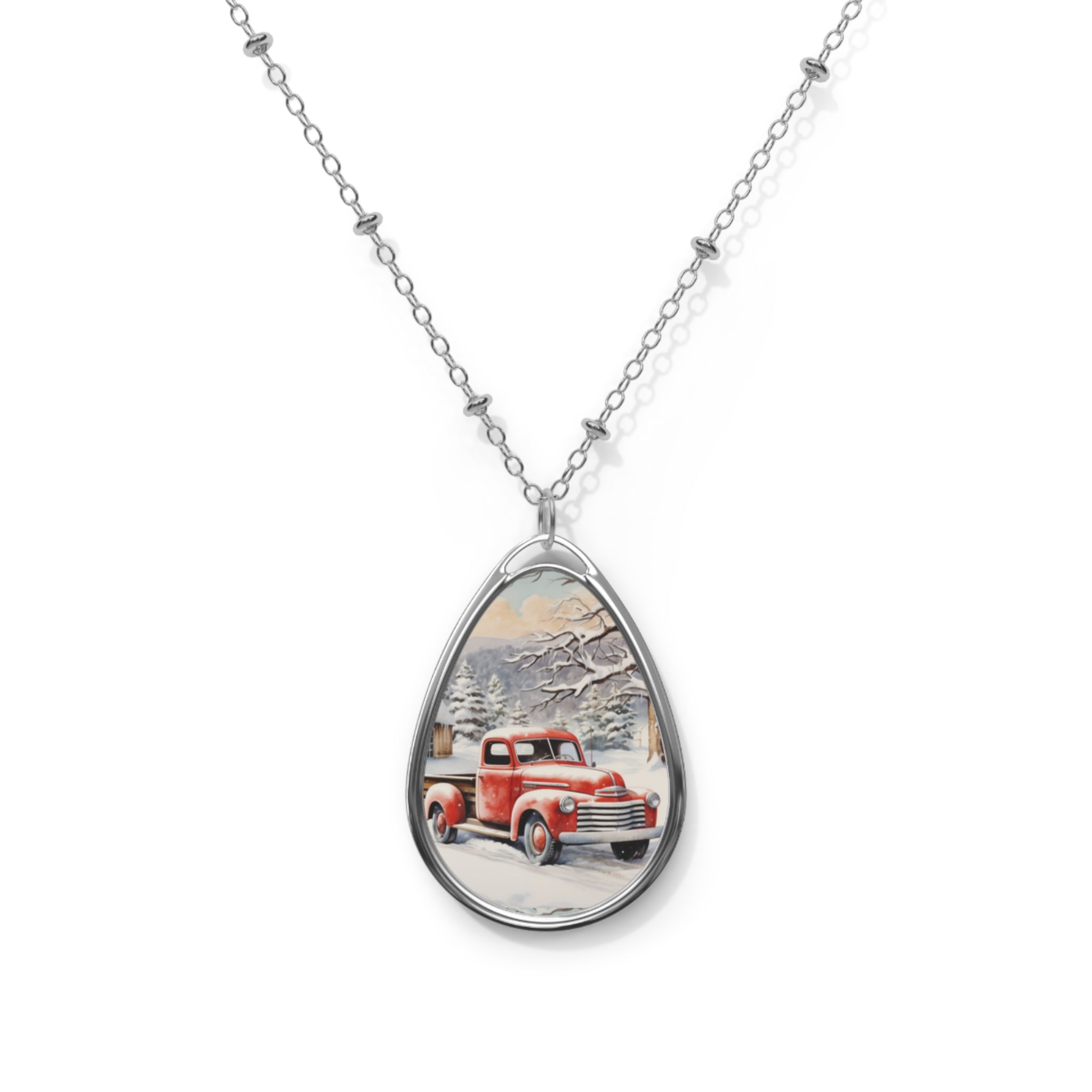 Old Truck during the Holidays Oval Necklace