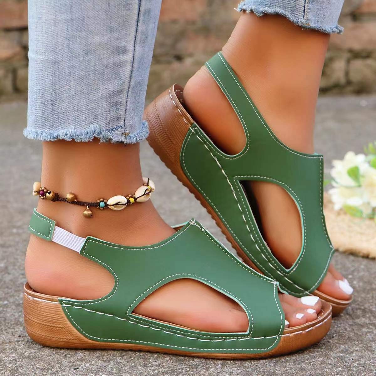 Women's Elastic Strap Recycled Leather Wedge Sandals