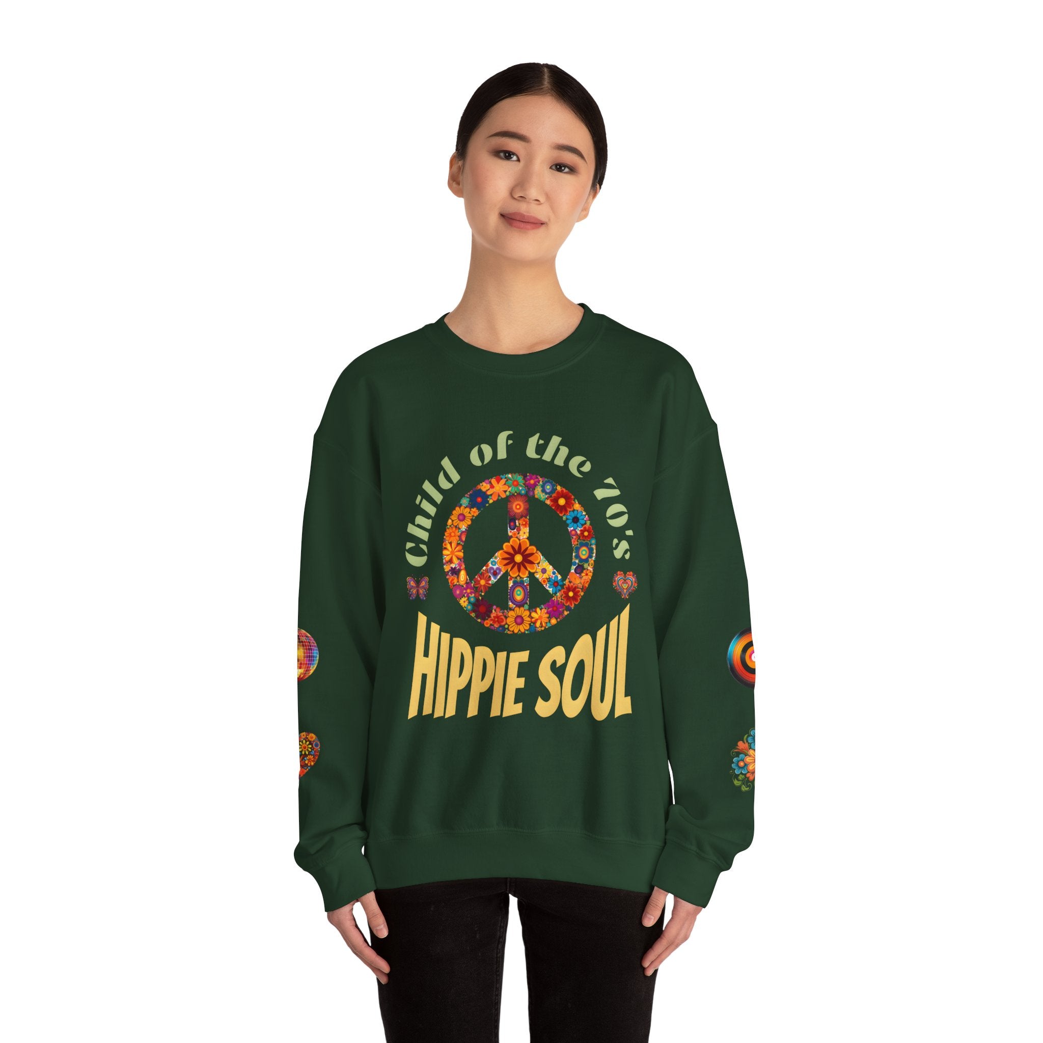 Retro Hippie Soul Crewneck Sweatshirt, Vintage 70s Fashion, Peace Sign Design, Gift for 1970's Lovers, Unisex Apparel, Cozy Sweatshirt
