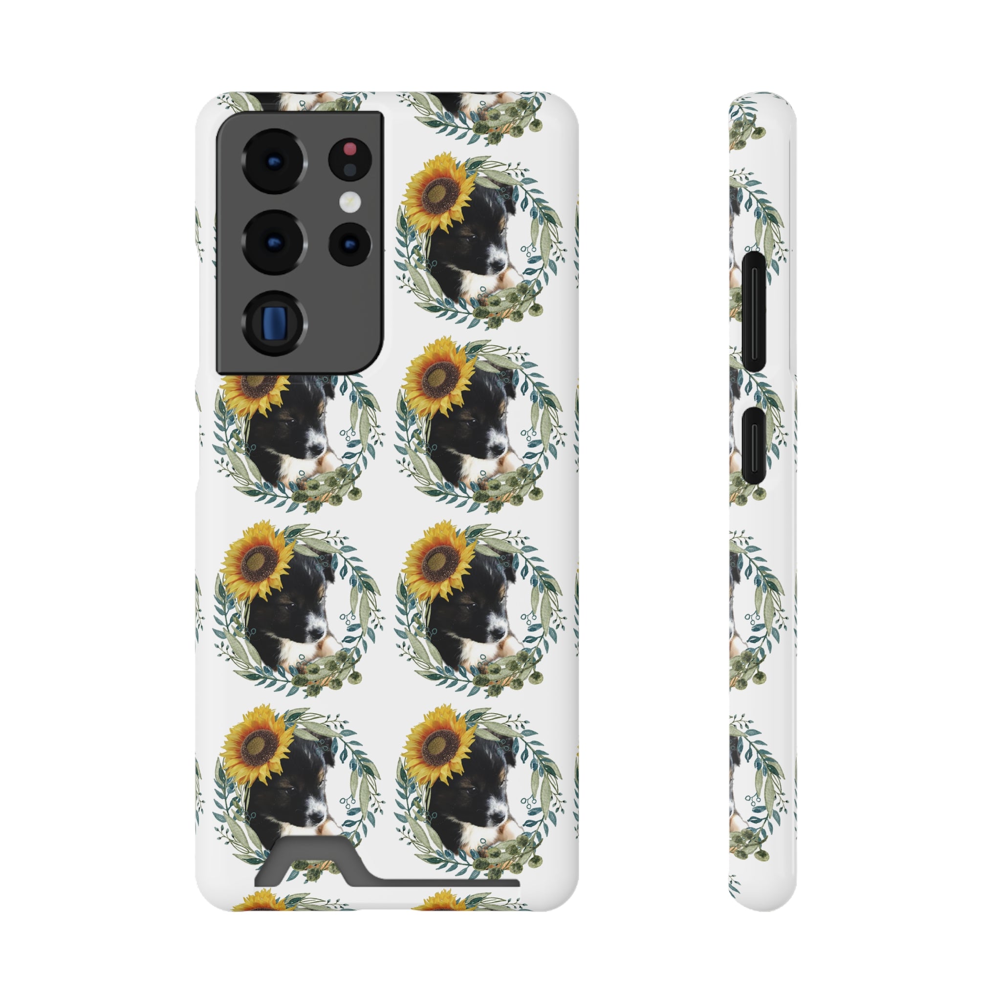 Lindo cachorro negro con funda para teléfono con girasoles y tarjetero