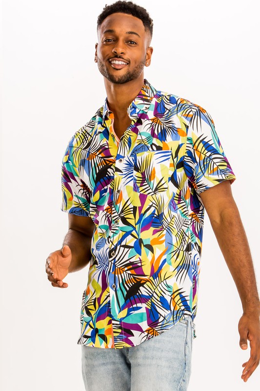 Camisa hawaiana con estampado de hojas de palma de colores para hombre