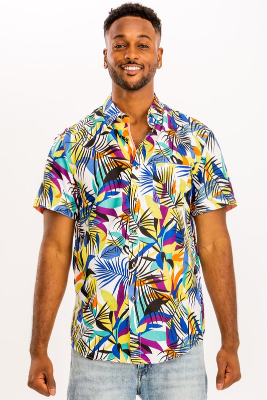 Camisa hawaiana con estampado de hojas de palma de colores para hombre