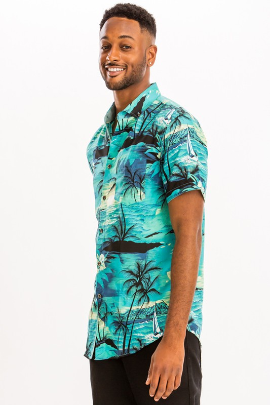 Men's Teal Palm Tree Print Hawaiian Shirt