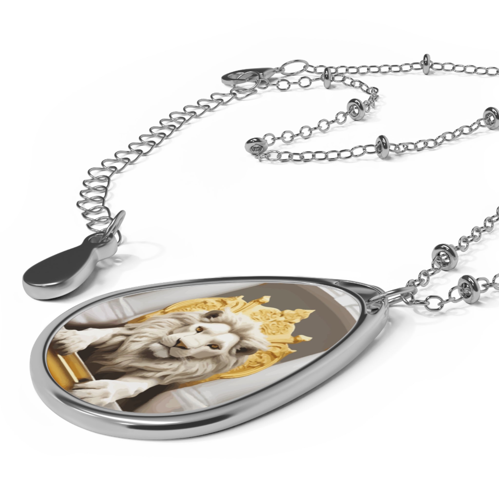 White Lion on Golden Throne Oval Necklace