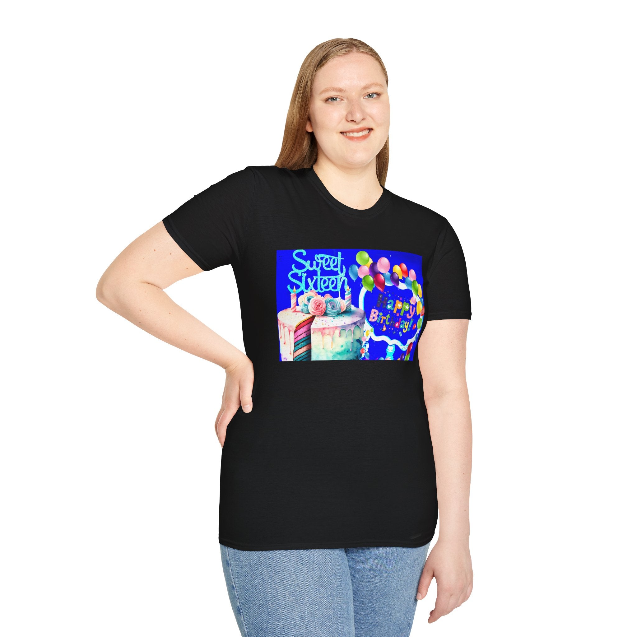 Sweet Sixteen Birthday Cake Balloons T-Shirt, Celebration Tee, Unisex Happy 16th Bday Gift