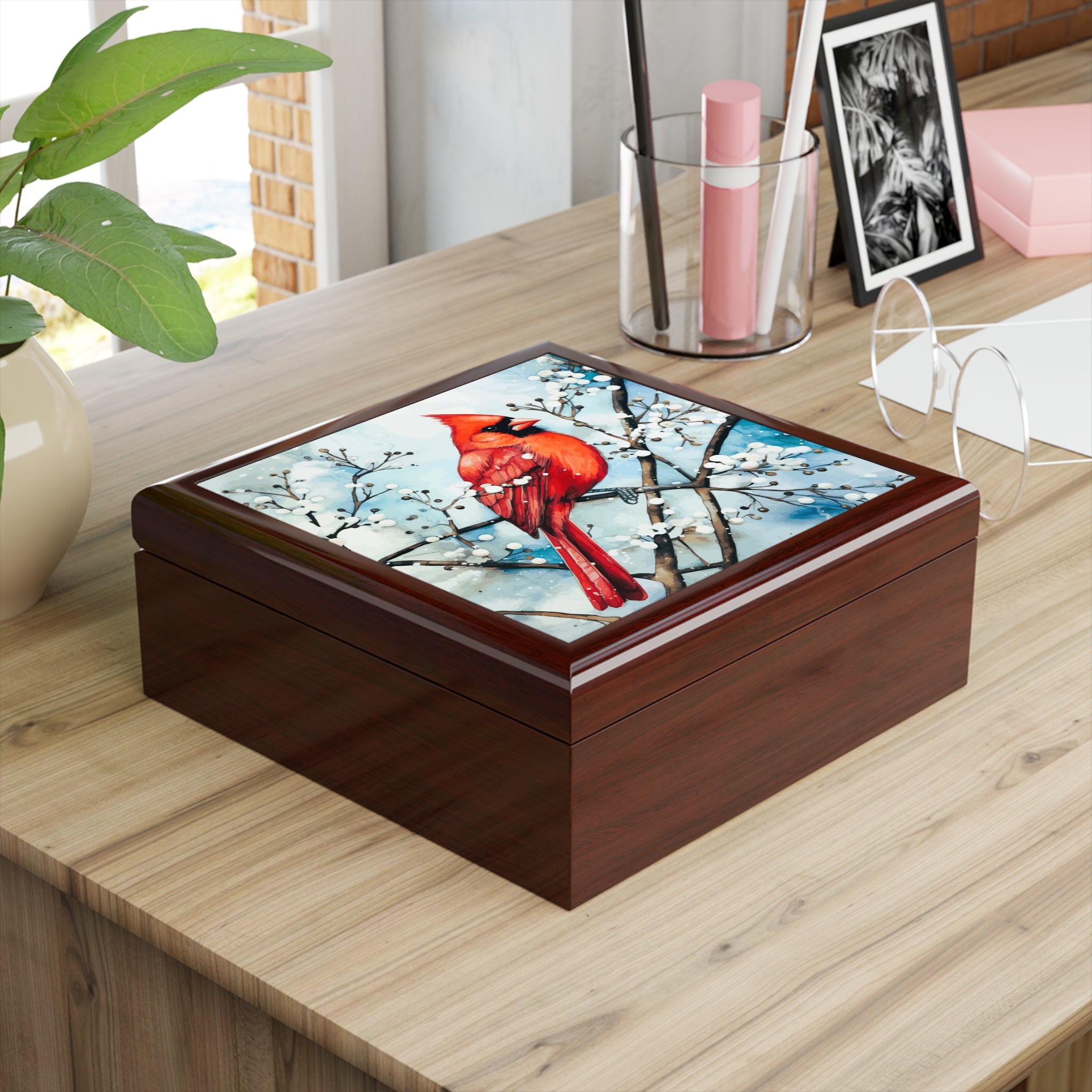 Red Bird in the Snow Jewelry Box