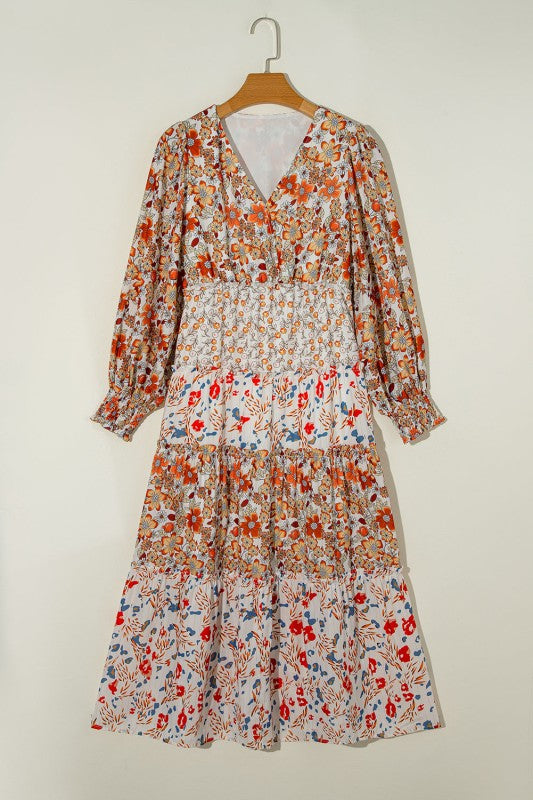 Floral V-Neck Ruffle Long Sleeve Midi Dress