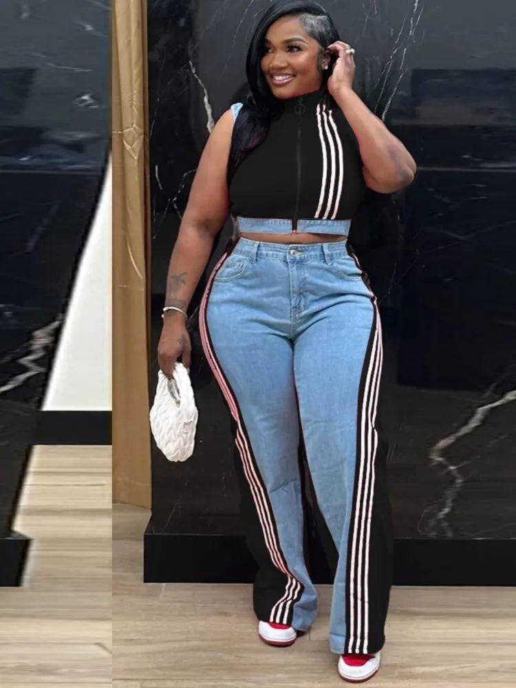 Women's Denim Sleeveless Top And Wide Leg Pants 2-piece Set Outfit