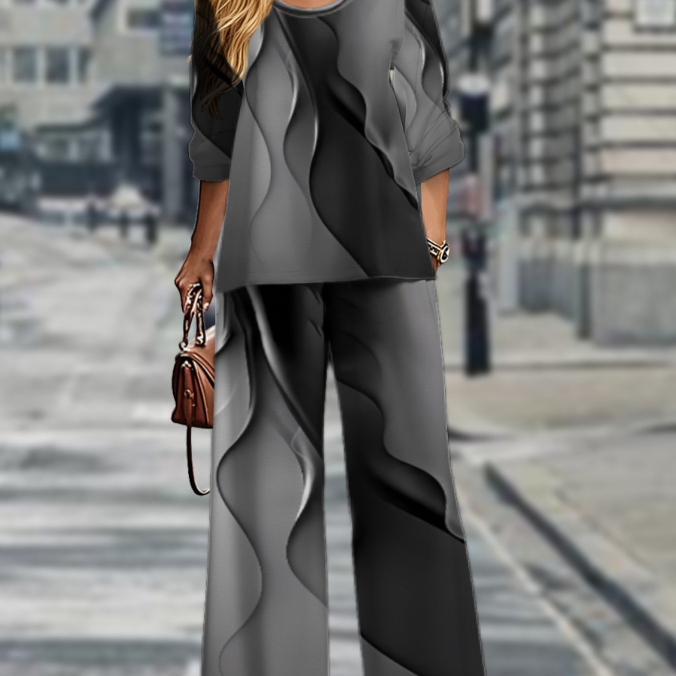 Vibrant  Geometric Plus Size Long Sleeve Top  Pants Set