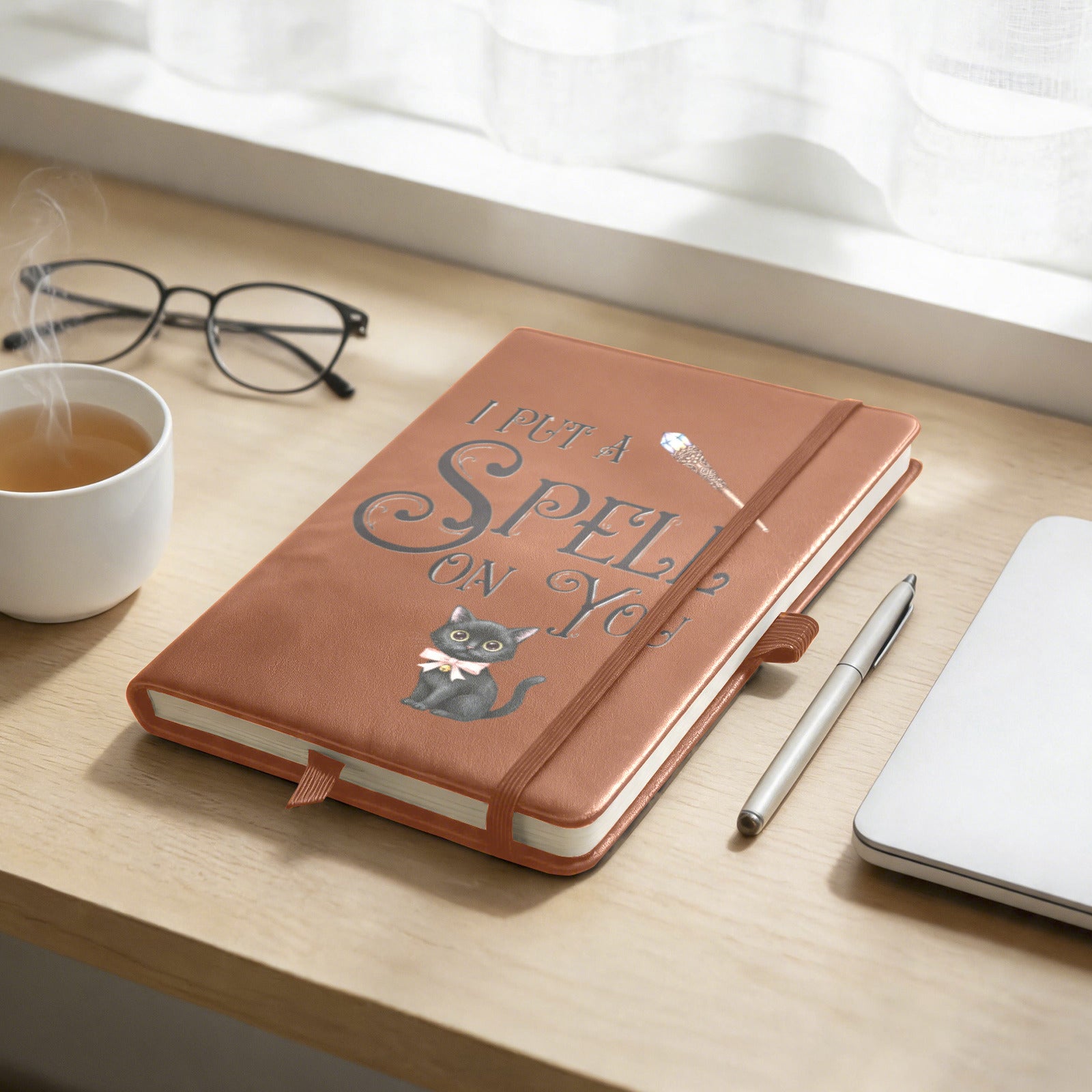 I Put a Spell on You Black Cat Leather Journal Strap Notebook (Front Print)