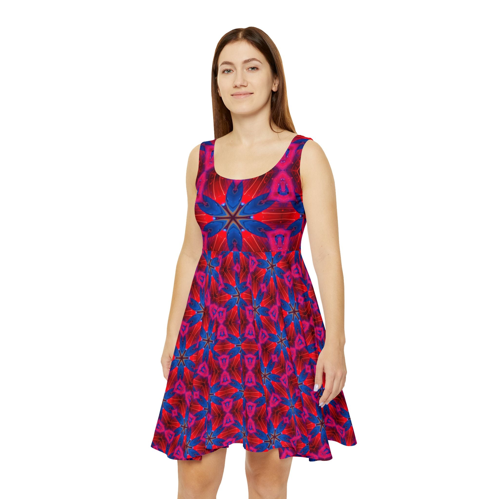 Floral Kaleidoscope Skater Dress — Bold Pink & Blue All-Over Print