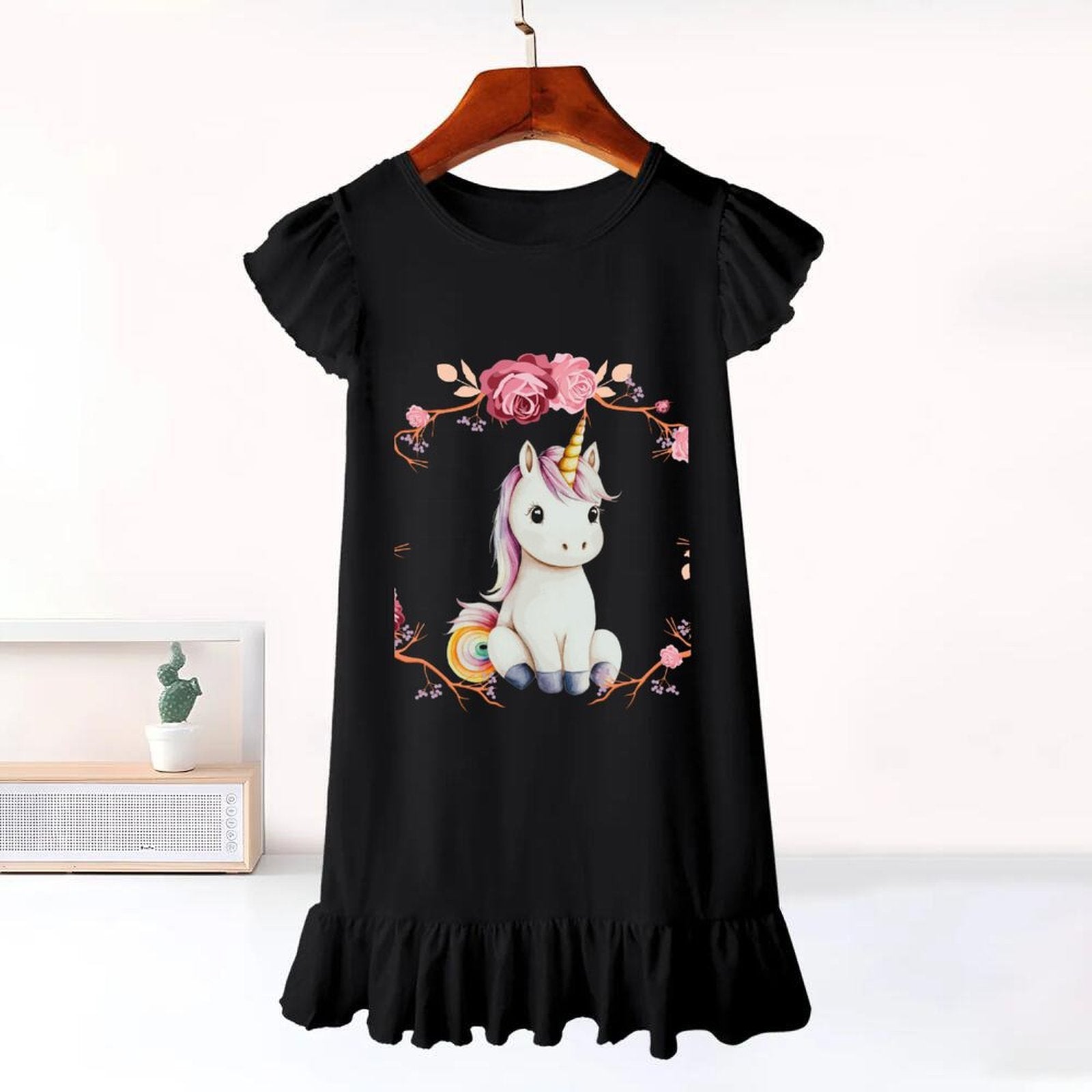 Baby Unicorn with Pink Roses Flutter Sleeve Dress for Girls (Front Printing)