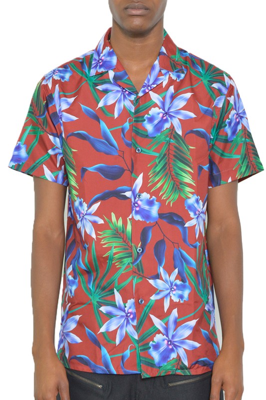 Men's Hawaiian Tropical Red Button Down Short Sleeve Shirt