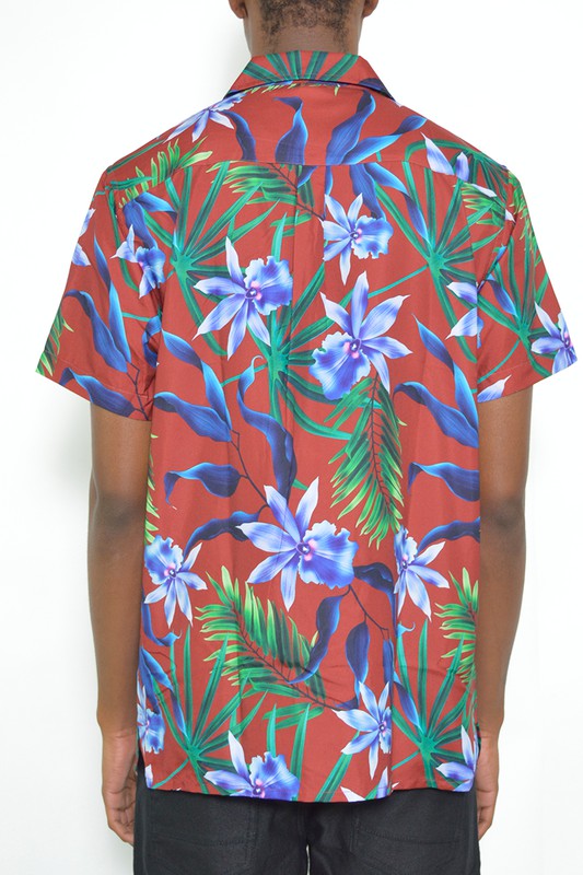 Men's Hawaiian Tropical Red Button Down Short Sleeve Shirt