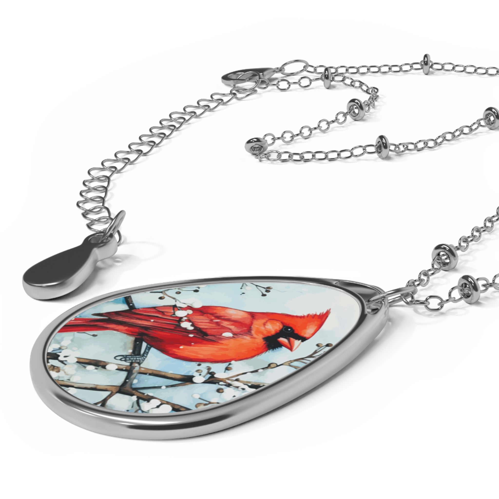 Red Bird in the Snow Oval Necklace