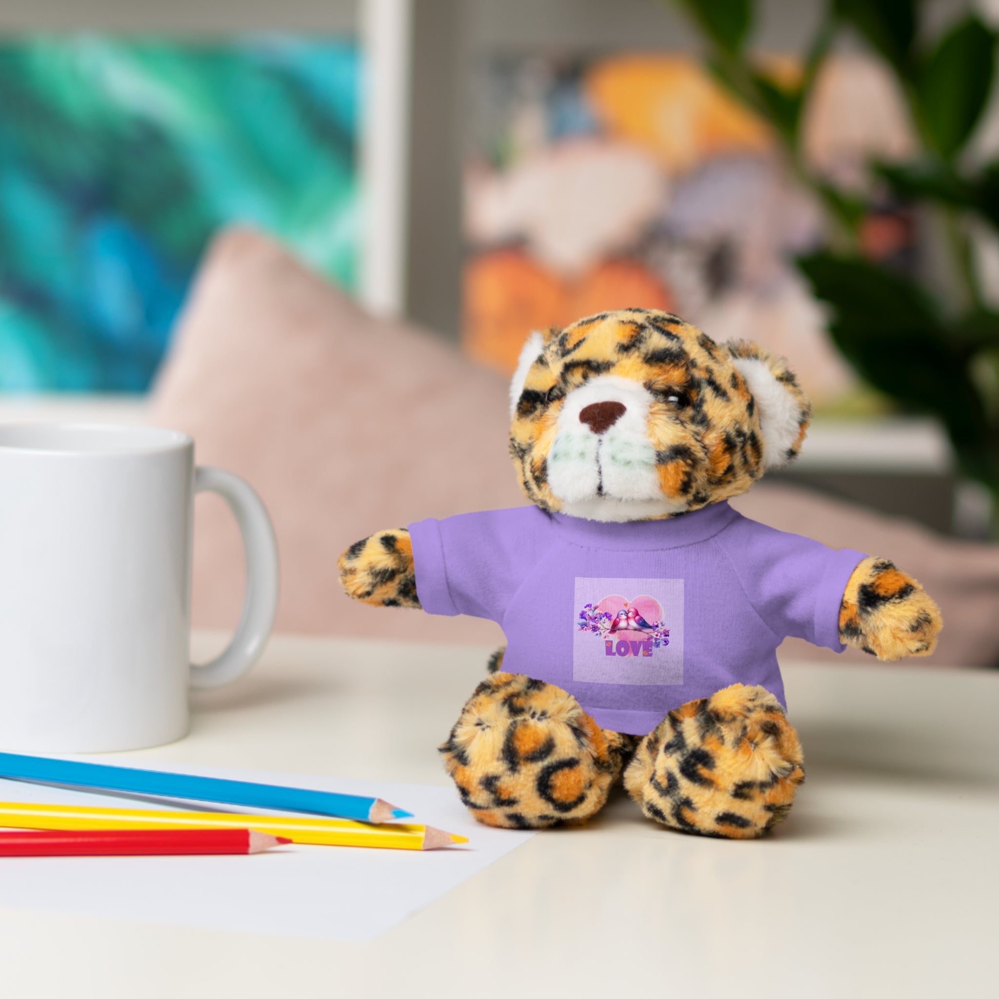 Stuffed Animal Wearing T-shirt of Love Birds