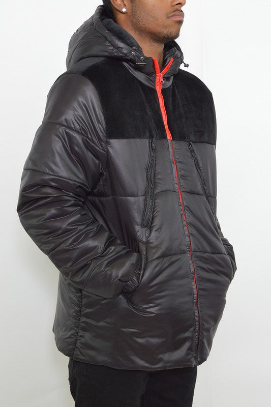 Men's Padded Buffle Puffer Jacket with Hood and Zipper