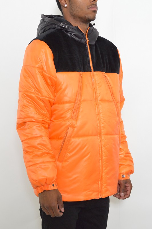 Men's Padded Buffle Puffer Jacket with Hood and Zipper