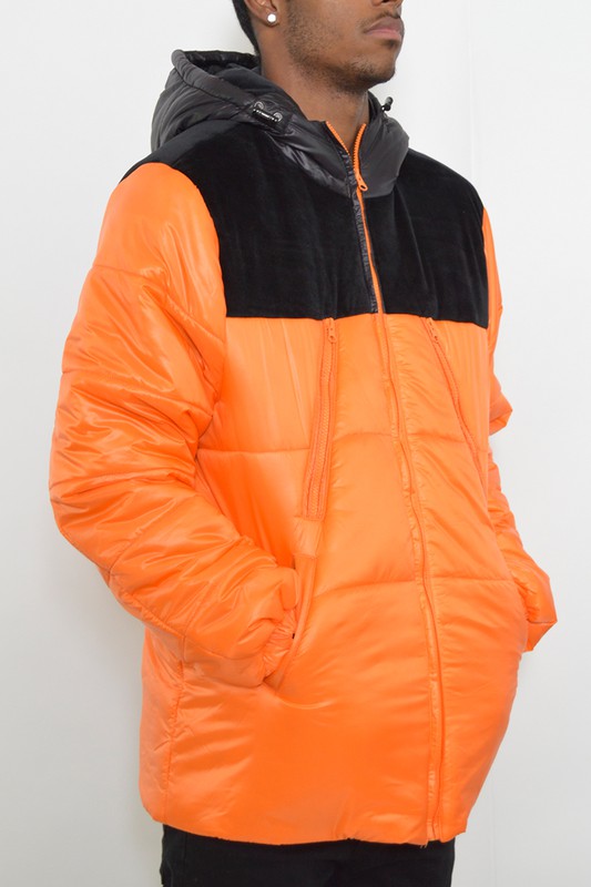 Men's Padded Buffle Puffer Jacket with Hood and Zipper