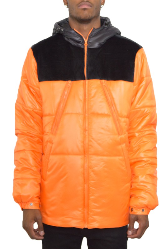 Men's Padded Buffle Puffer Jacket with Hood and Zipper