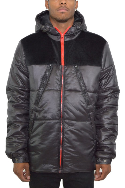 Men's Padded Buffle Puffer Jacket with Hood and Zipper