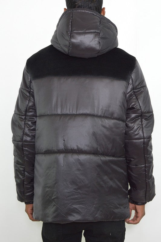 Men's Padded Buffle Puffer Jacket with Hood and Zipper