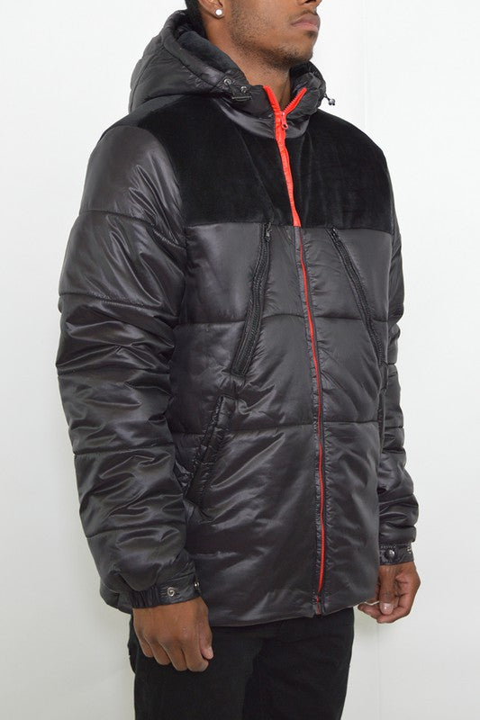 Men's Padded Buffle Puffer Jacket with Hood and Zipper