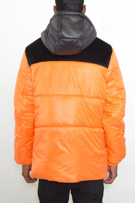 Men's Padded Buffle Puffer Jacket with Hood and Zipper