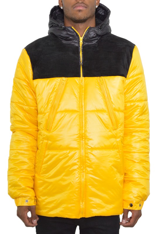 Men's Padded Buffle Puffer Jacket with Hood and Zipper