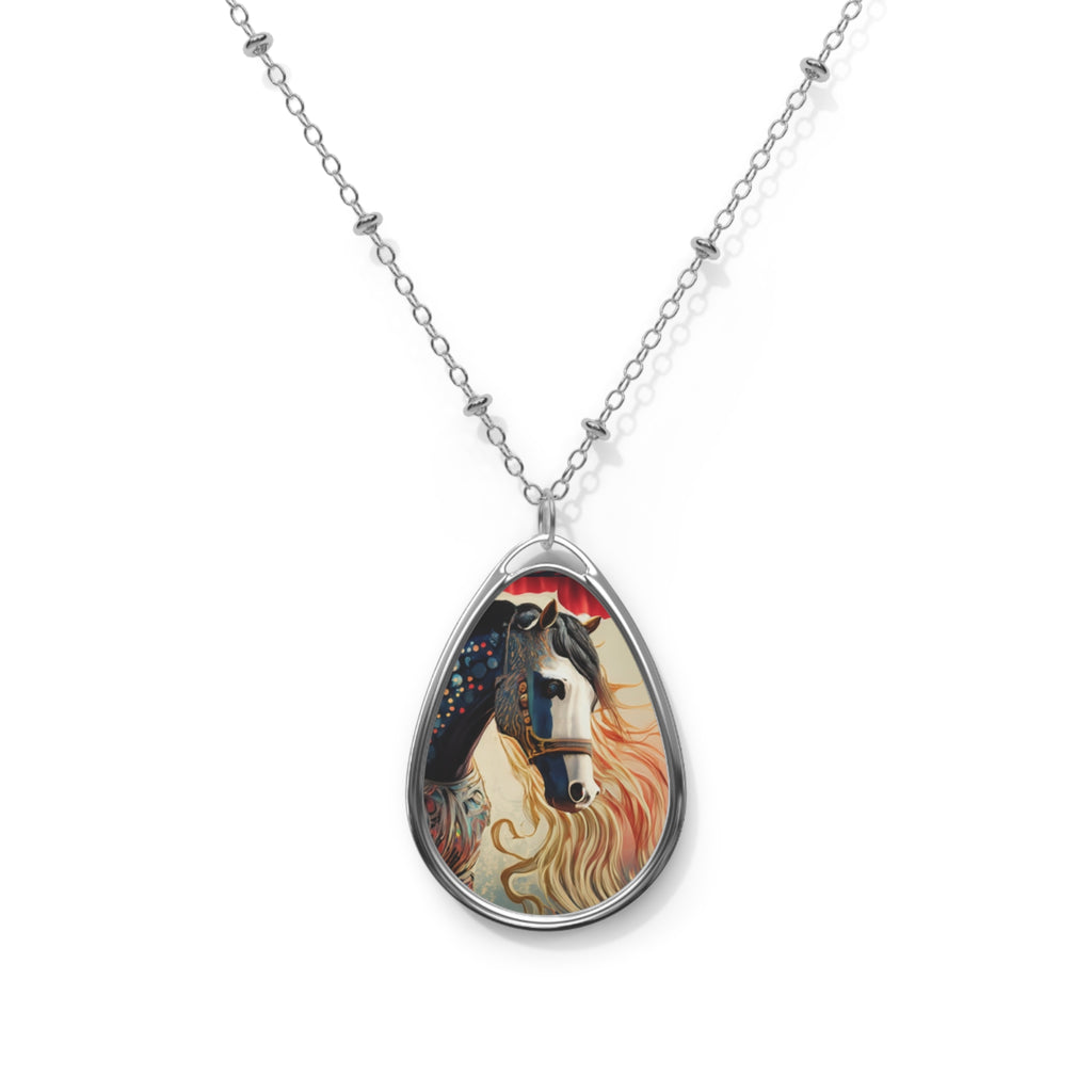 Bejeweled Horse with Long Mane Oval Necklace