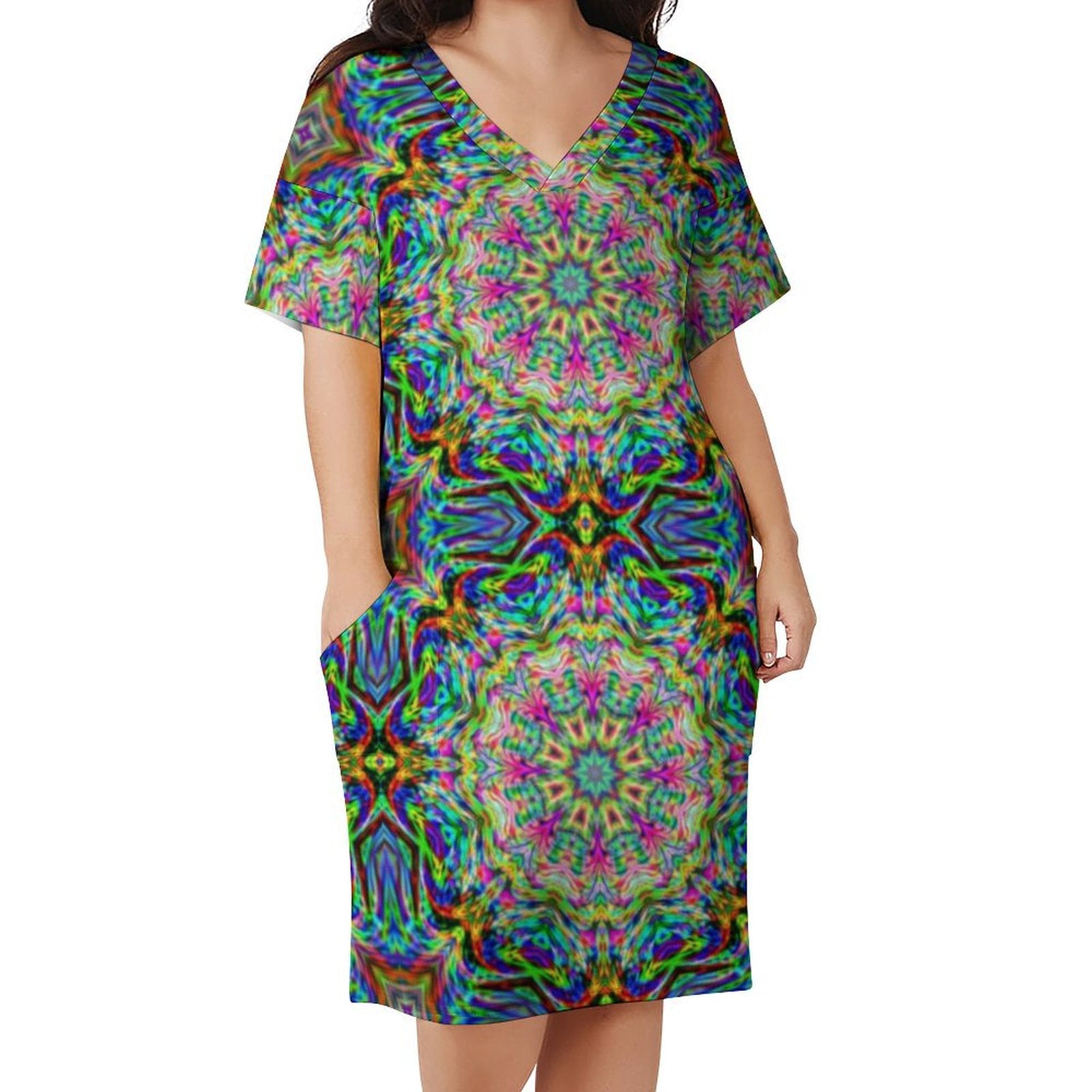 Women's Geometric Design Plus Size Baggy Dress With Pockets