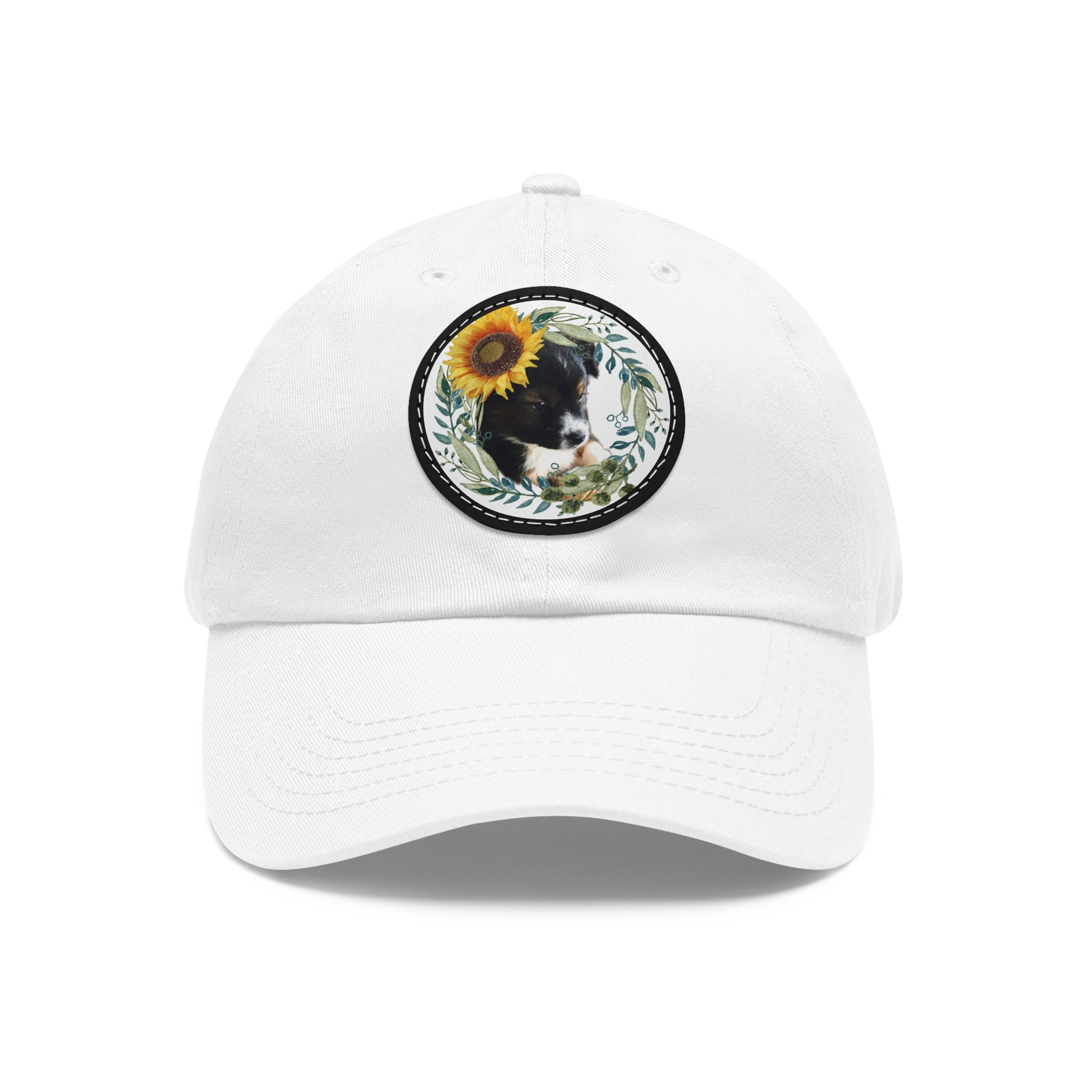 Cute Black Puppy with Sunflowers Hat with Round Leather Patch - Shell Design Boutique