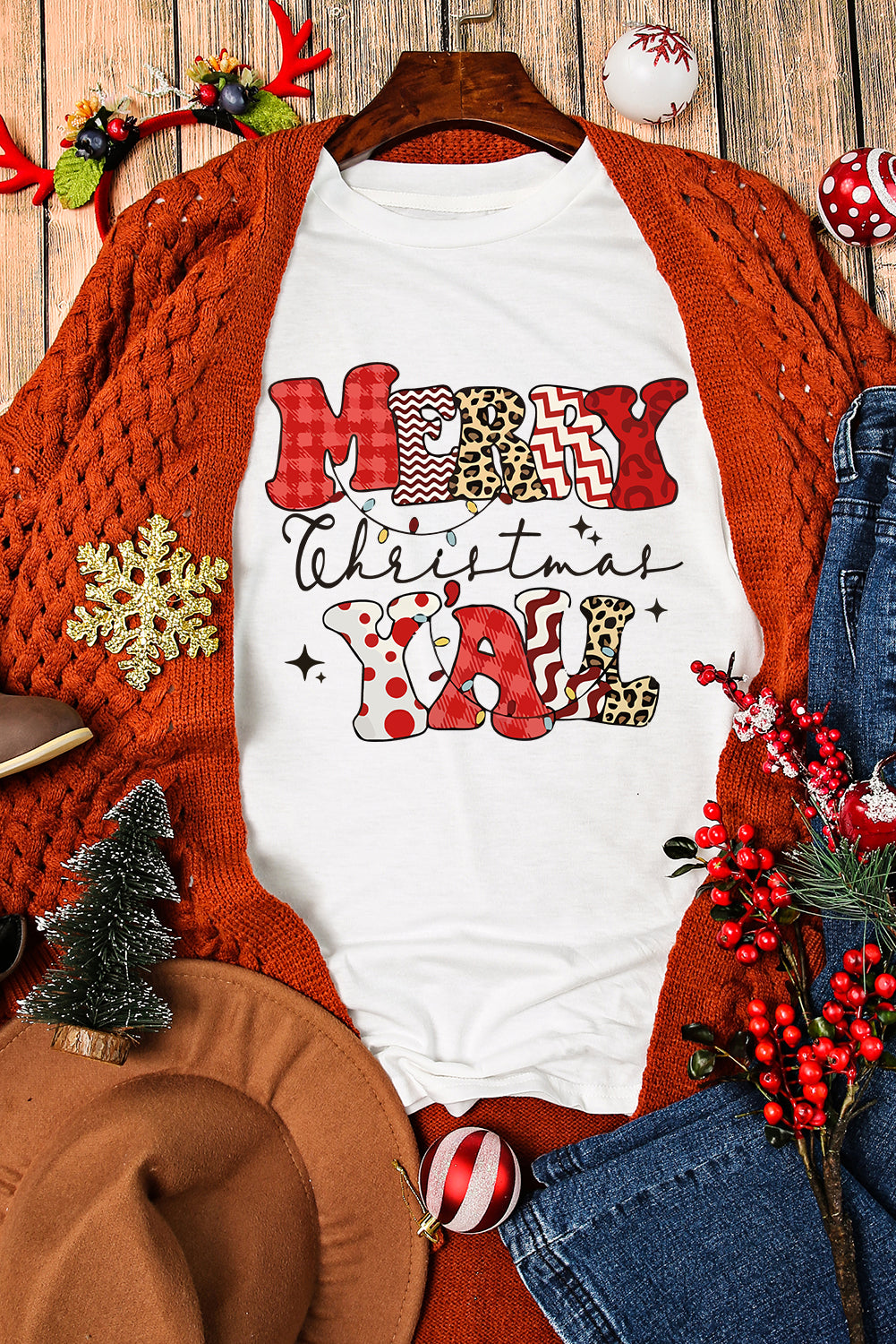 White MERRY Christmas Y'all Graphic Crewneck T Shirt