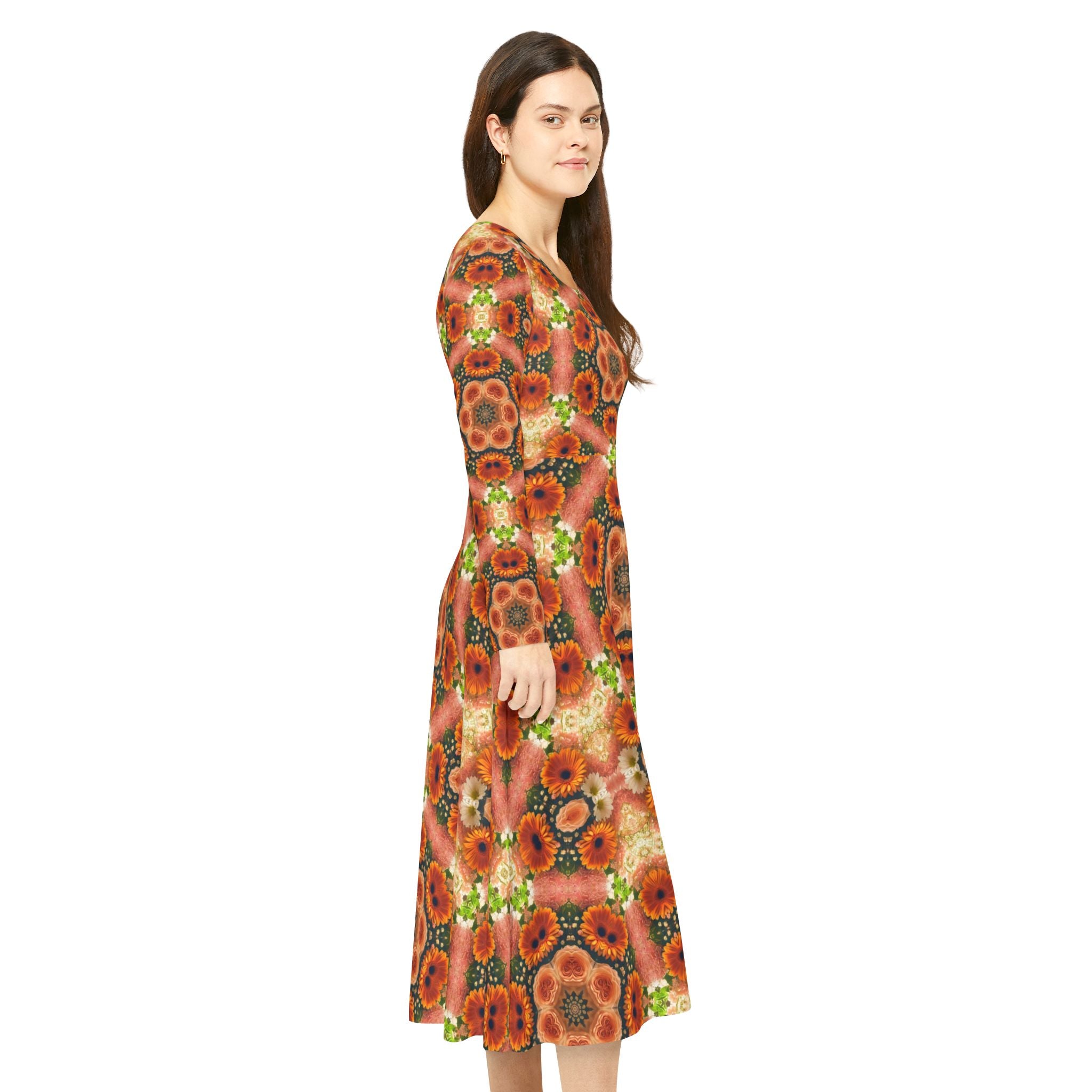 Women's Orange Floral Long Sleeve Maxi Dress