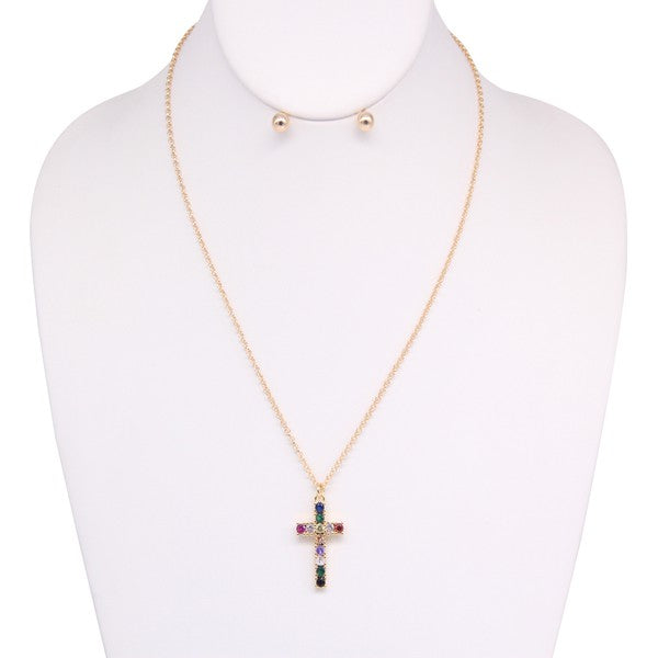 Rhinestone Cross Necklace Earrings Jewelry Set