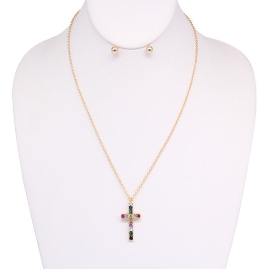 Rhinestone Cross Necklace Earrings Jewelry Set