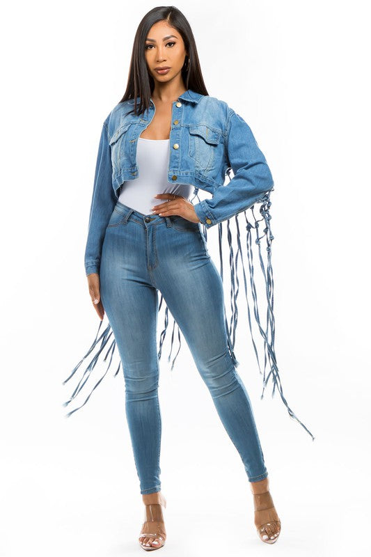 Women's Fashion Denim Fringed Cropped Jacket