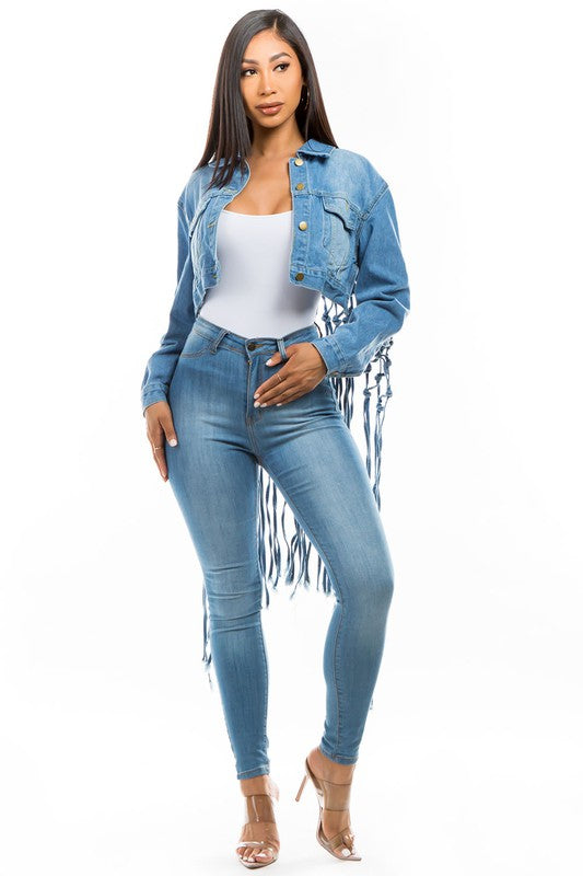 Women's Fashion Denim Fringed Cropped Jacket