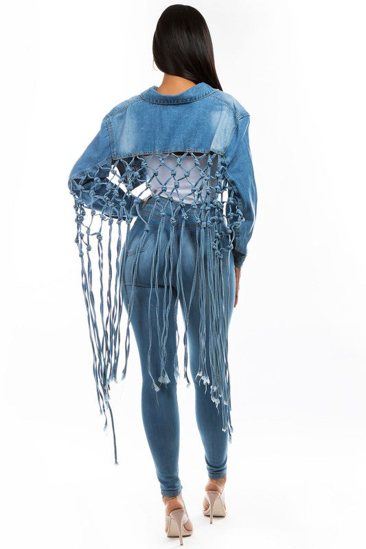 Women's Fashion Denim Fringed Cropped Jacket