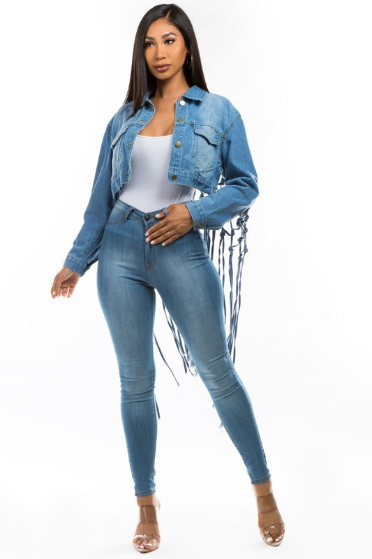 Women's Fashion Denim Fringed Cropped Jacket