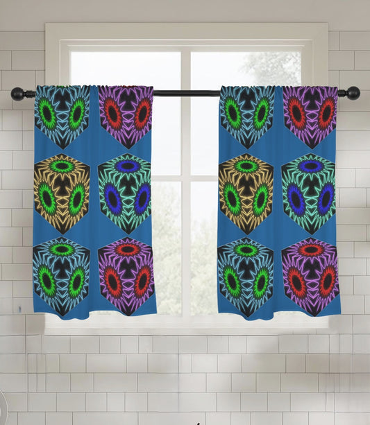 Colorful patterned curtains hanging on a rod with a tiled wall background