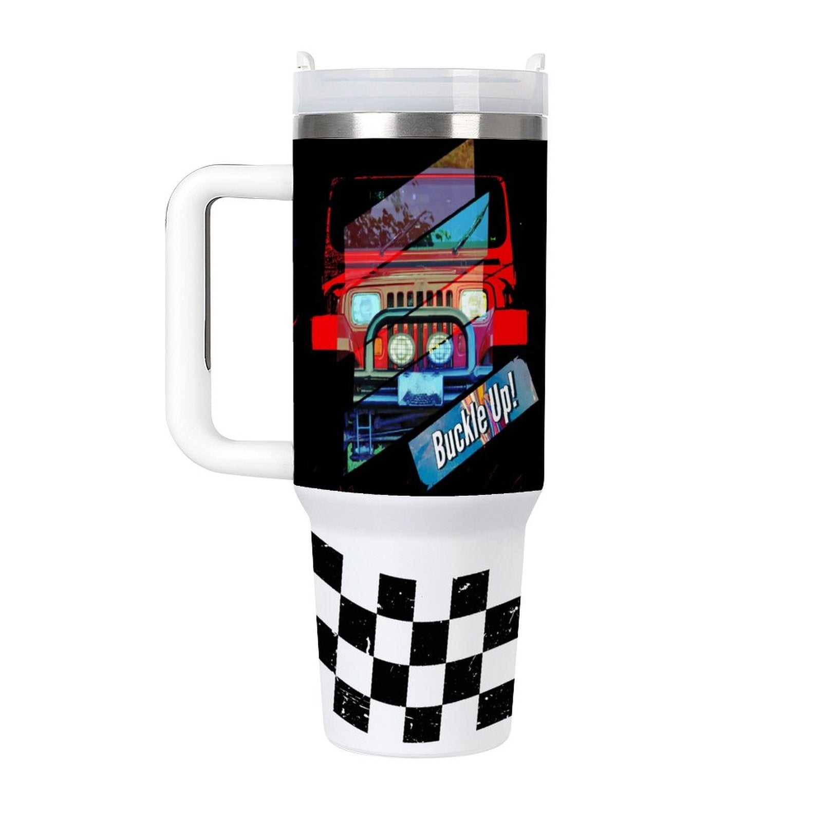 Buckle Up 4-wheel Drive 40oz Stainless Steel Insulated Tumble with Handle & Lid (Made in USA)