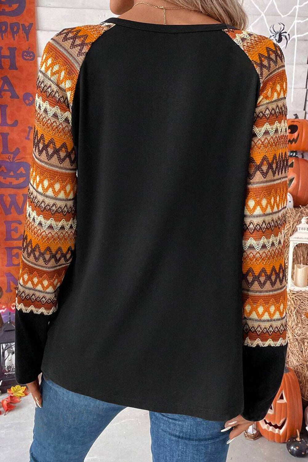 Orange Geometric Print Raglan Patchwork Long Sleeve Shirt