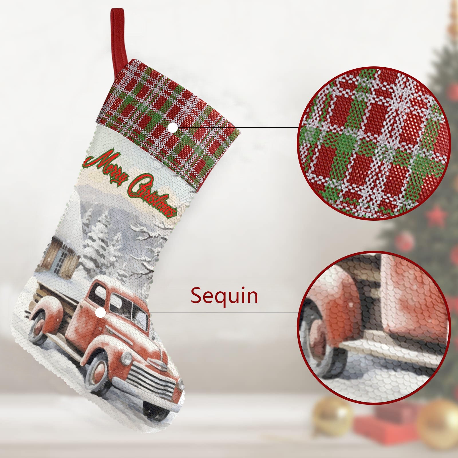 Merry Christmas Vintage Truck Sequin Christmas Stocking (Made in USA)