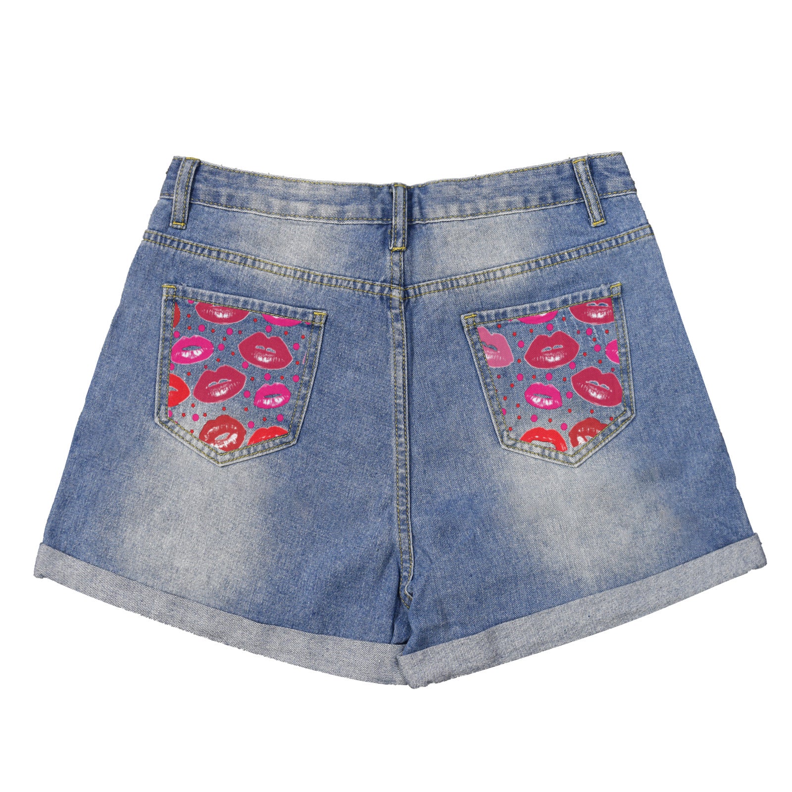 Glossy Red Lips Light Blue Denim Shorts with Dual Pockets Design